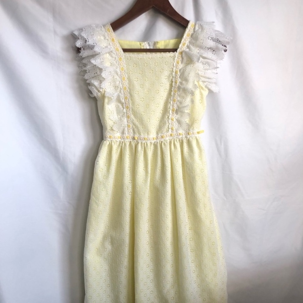 Vintage handmade 70s butter yellow and white eyelet ruffled maxi prarie sundress